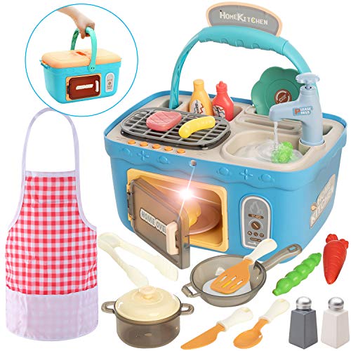 JOYIN Kids Play Kitchen Picnic Playset, Portable Picnic Basket Toys with Musics & Lights, Color Changing Play Food, Kitchen Sink Toys and Pretend Play Oven,Kitchen Toy Sets Gift for Kids Boys Girls