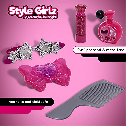 Style Girlz Hair Styling Set For Girls - Kids Battery Operated Toy Hair Dryer, Accessories, Vanity Case - Childrens Hairdressing Set - Pretend Hairdresser Role Play For Kids - Toys For Girls Age 3-6