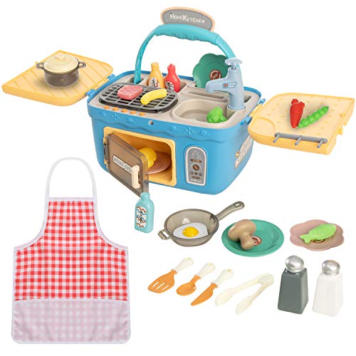 JOYIN Kids Play Kitchen Picnic Playset, Portable Picnic Basket Toys with Musics & Lights, Color Changing Play Food, Kitchen Sink Toys and Pretend Play Oven,Kitchen Toy Sets Gift for Kids Boys Girls