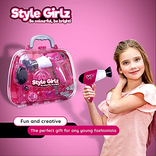 Style Girlz Hair Styling Set For Girls - Kids Battery Operated Toy Hair Dryer, Accessories, Vanity Case - Childrens Hairdressing Set - Pretend Hairdresser Role Play For Kids - Toys For Girls Age 3-6