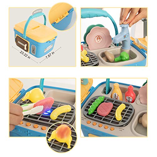 JOYIN Kids Play Kitchen Picnic Playset, Portable Picnic Basket Toys with Musics & Lights, Color Changing Play Food, Kitchen Sink Toys and Pretend Play Oven,Kitchen Toy Sets Gift for Kids Boys Girls