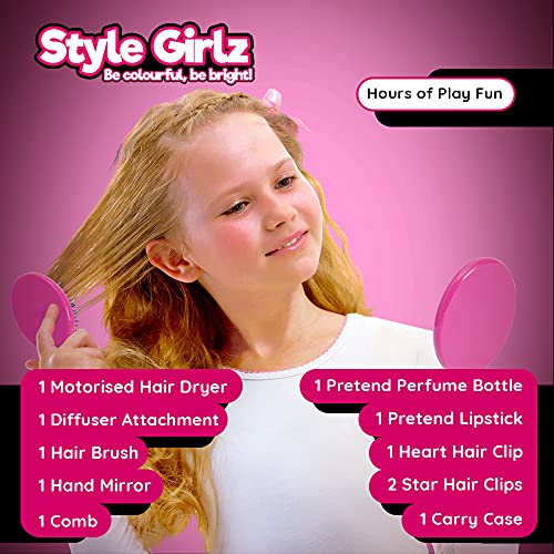 Style Girlz Hair Styling Set For Girls - Kids Battery Operated Toy Hair Dryer, Accessories, Vanity Case - Childrens Hairdressing Set - Pretend Hairdresser Role Play For Kids - Toys For Girls Age 3-6