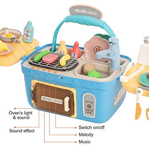 JOYIN Kids Play Kitchen Picnic Playset, Portable Picnic Basket Toys with Musics & Lights, Color Changing Play Food, Kitchen Sink Toys and Pretend Play Oven,Kitchen Toy Sets Gift for Kids Boys Girls