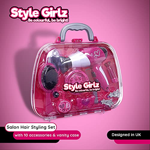 Style Girlz Hair Styling Set For Girls - Kids Battery Operated Toy Hair Dryer, Accessories, Vanity Case - Childrens Hairdressing Set - Pretend Hairdresser Role Play For Kids - Toys For Girls Age 3-6