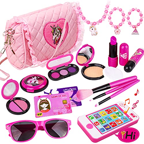 Pretend Play Makeup Set 19pcs - Fake Cosmetic Toys Kit with Pink Purse, Smartphone, Sunglasses, Birthday Gift for Little Girls