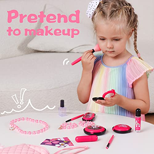 Pretend Play Makeup Set 19pcs - Fake Cosmetic Toys Kit with Pink Purse, Smartphone, Sunglasses, Birthday Gift for Little Girls