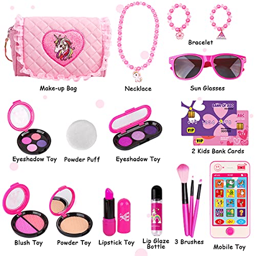 Pretend Play Makeup Set 19pcs - Fake Cosmetic Toys Kit with Pink Purse, Smartphone, Sunglasses, Birthday Gift for Little Girls