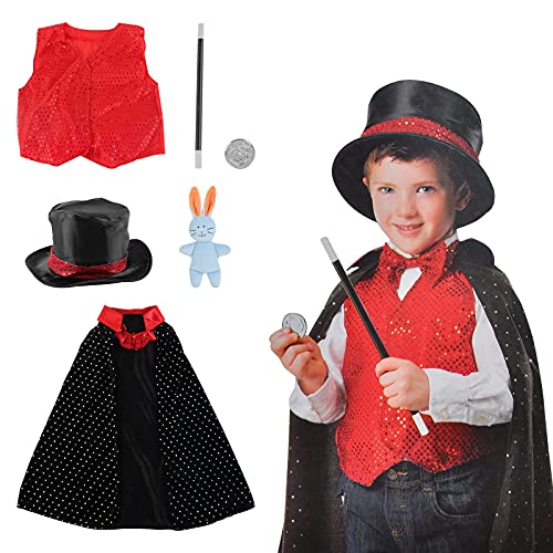 deAO Role Play Magician Costume with Magic Hat and Wand Magician Outfit Kids Halloween Costume Prefect Magician Dress Up For Kids For Birthday Christmas Party Gift for Children