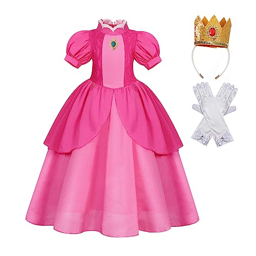 Berich Pink Princess Costume Kids Halloween Christmas Carnival Cosplay Outfit Princess Dress Pink Princess Dress up for Girls Fancy Dress Super Bros Pink Princess Costume 9-10 Years(Pink,150)