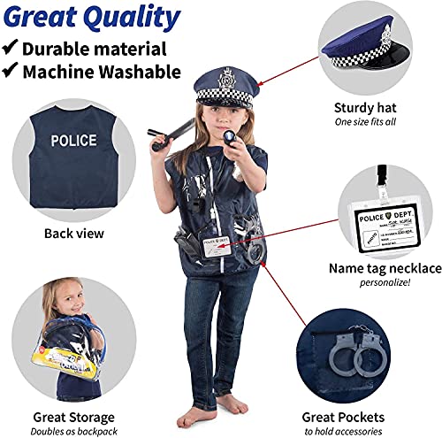 Born Toys 12 Pcs Police Costume for kids with Toy Role Play Kit for Swat, Detective, FBI, Halloween and Dress-up,Navy