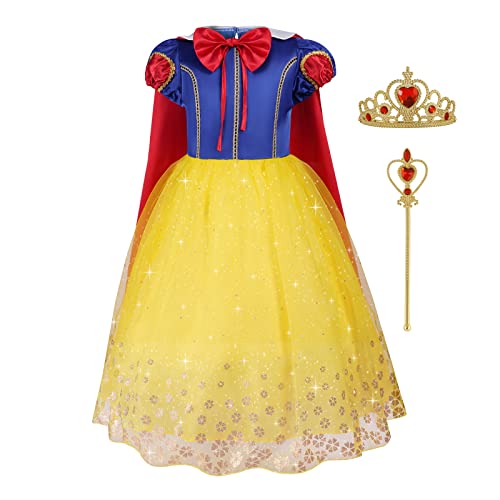 AOMIG Girls White Snow Costume, Deluxe White Snow Princess Fancy Dress With Crown Wand and Red Cape, White Snow Princess Dress Up for Girls Birthday Bridesmaid Christmas Carnival Halloween Cosplay