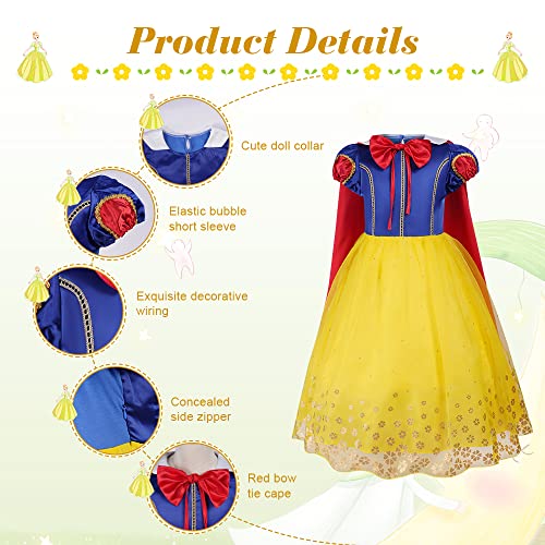 AOMIG Girls White Snow Costume, Deluxe White Snow Princess Fancy Dress With Crown Wand and Red Cape, White Snow Princess Dress Up for Girls Birthday Bridesmaid Christmas Carnival Halloween Cosplay