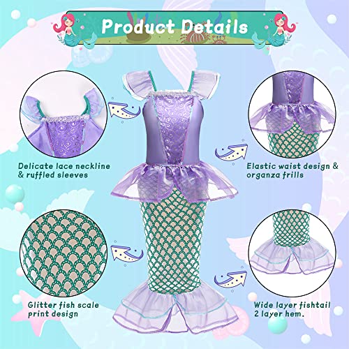 ACWOO Little Girls Mermaid Costume, Princess Mermaid Costumes Set with Accessories, Mermaid Fancy Dress Up Princess Ariel Mermaid Glitter Girls Costume for Halloween Cosplay Carnival Birthday (120cm)