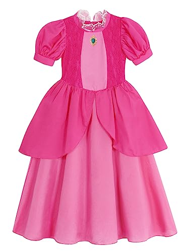 Berich Pink Princess Costume Kids Halloween Christmas Carnival Cosplay Outfit Princess Dress Pink Princess Dress up for Girls Fancy Dress Super Bros Pink Princess Costume 9-10 Years(Pink,150)