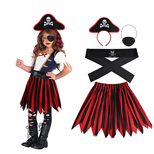 Aomig Kids Pirate Costume, 4 Pieces Deckhand Pirate Fancy Dress Costume with Pirate Accessories, Buccaneer Princess Dress for Girls, Captain Pirate Dress Up for Halloween Cosplay (L)