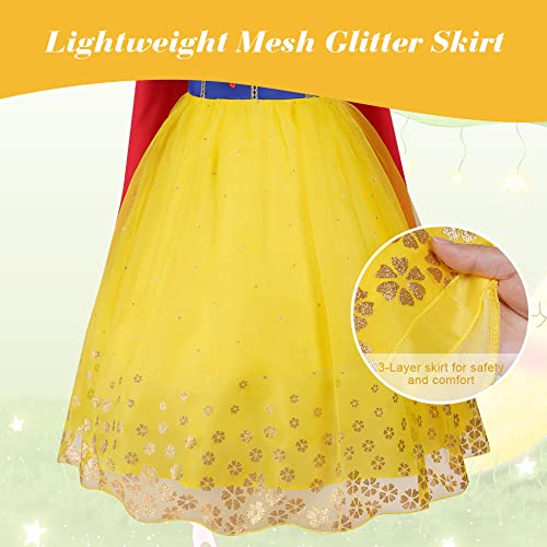 AOMIG Girls White Snow Costume, Deluxe White Snow Princess Fancy Dress With Crown Wand and Red Cape, White Snow Princess Dress Up for Girls Birthday Bridesmaid Christmas Carnival Halloween Cosplay