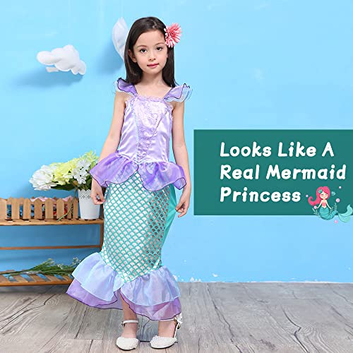 ACWOO Little Girls Mermaid Costume, Princess Mermaid Costumes Set with Accessories, Mermaid Fancy Dress Up Princess Ariel Mermaid Glitter Girls Costume for Halloween Cosplay Carnival Birthday (120cm)