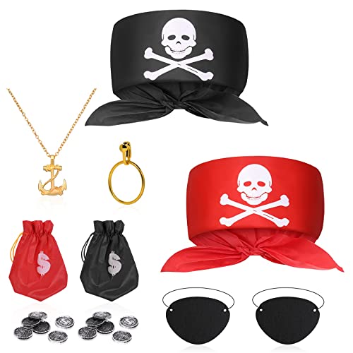 AOMIG Pirate Costume Accessories Set, 8 Pieces Deckhand Pirate Accessories Kit, Include Pirate Head Scarf, Pirate Eye Patches, Gold Earring Necklace, Captain Pirate Dress Up for Kids Halloween Cosplay