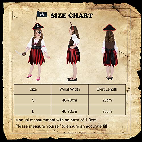 Aomig Kids Pirate Costume, 4 Pieces Deckhand Pirate Fancy Dress Costume with Pirate Accessories, Buccaneer Princess Dress for Girls, Captain Pirate Dress Up for Halloween Cosplay (L)