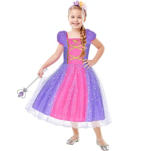 ACWOO Rapunzel Princess Dress, Princess Rapunzel Party Dress Costume with Wand and Crown, Princess Dress Cosplay Costume for Kids Girls, Party Fancy Dress Up for Halloween, Christmas, Birthday Party