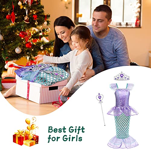 ACWOO Little Girls Mermaid Costume, Princess Mermaid Costumes Set with Accessories, Mermaid Fancy Dress Up Princess Ariel Mermaid Glitter Girls Costume for Halloween Cosplay Carnival Birthday (120cm)