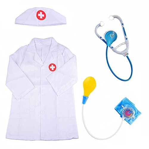 ZJstyle 4 Pcs Kids Doctors Costume Unisex Doctor Fancy Dress Set with Doctor Outfit, Stethoscope, Doctor Roleplay Costume Kids Pretend Role Play Dress Up Sets for 3-6 Years Boys and Girls (White)