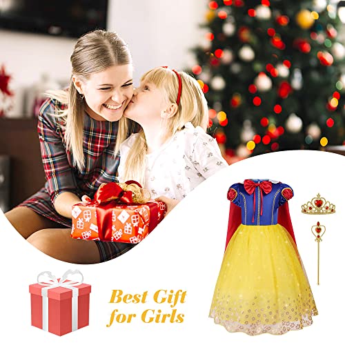 AOMIG Girls White Snow Costume, Deluxe White Snow Princess Fancy Dress With Crown Wand and Red Cape, White Snow Princess Dress Up for Girls Birthday Bridesmaid Christmas Carnival Halloween Cosplay