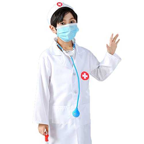 ZJstyle 4 Pcs Kids Doctors Costume Unisex Doctor Fancy Dress Set with Doctor Outfit, Stethoscope, Doctor Roleplay Costume Kids Pretend Role Play Dress Up Sets for 3-6 Years Boys and Girls (White)