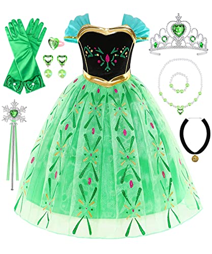TOLOYE Kids Princess Costumes, Elas Anna Dress Up for Girls Dress Up for Girls with Crown Fairy Wand Necklace Elsa Dress Up Accessories Sets for Birthday Party Bridesmaid Cosplay Pageant (120)