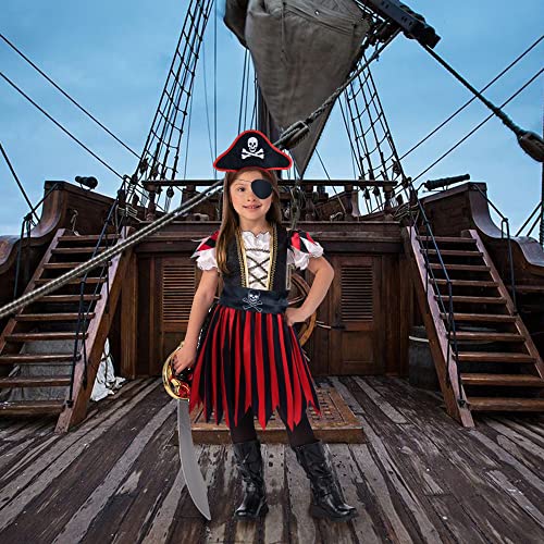 Aomig Kids Pirate Costume, 4 Pieces Deckhand Pirate Fancy Dress Costume with Pirate Accessories, Buccaneer Princess Dress for Girls, Captain Pirate Dress Up for Halloween Cosplay (L)