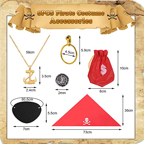AOMIG Pirate Costume Accessories Set, 8 Pieces Deckhand Pirate Accessories Kit, Include Pirate Head Scarf, Pirate Eye Patches, Gold Earring Necklace, Captain Pirate Dress Up for Kids Halloween Cosplay