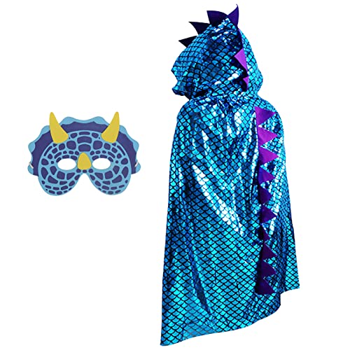 DKINY Dinosaur Cape Kids Costume Halloween Dragon Costume Fancy Dress Up Cloak with Mask for Boys Girls Role Play World Book Day Costumes Theme Party Masquerade (Blue)