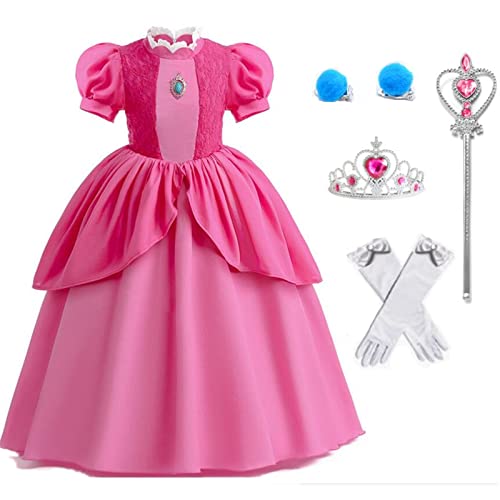 Tangsenyu Super Bros Princess Peach Costume Kids Girls Deluxe Lace Dress Up Outfit with Accessories