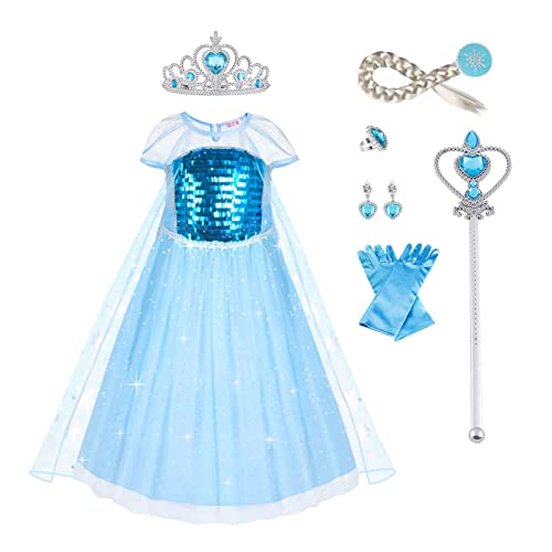 URAQT Elsa Dress, Elsa Costume with Princess Crown Magic Wand Accessories, Elsa Princess Costume Princess Dress Up for Girls, Fancy Dress for Halloween, Cosplay, Wedding Party (3-4 Years)