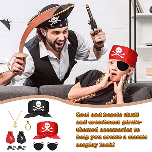 AOMIG Pirate Costume Accessories Set, 8 Pieces Deckhand Pirate Accessories Kit, Include Pirate Head Scarf, Pirate Eye Patches, Gold Earring Necklace, Captain Pirate Dress Up for Kids Halloween Cosplay