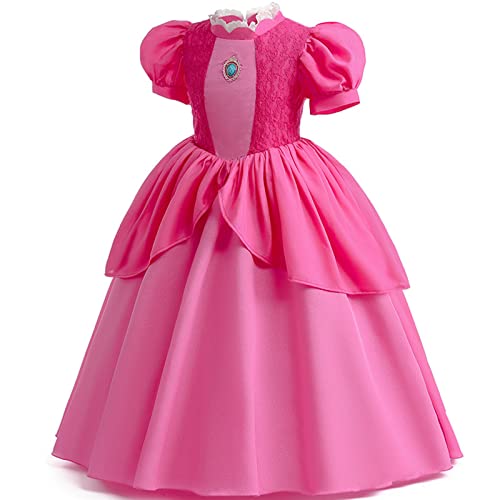 Tangsenyu Super Bros Princess Peach Costume Kids Girls Deluxe Lace Dress Up Outfit with Accessories