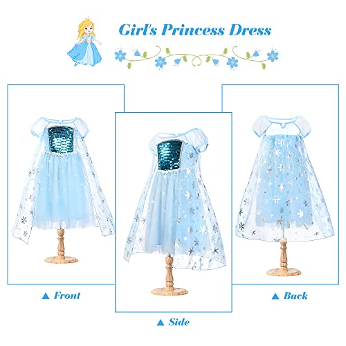 URAQT Elsa Dress, Elsa Costume with Princess Crown Magic Wand Accessories, Elsa Princess Costume Princess Dress Up for Girls, Fancy Dress for Halloween, Cosplay, Wedding Party (3-4 Years)