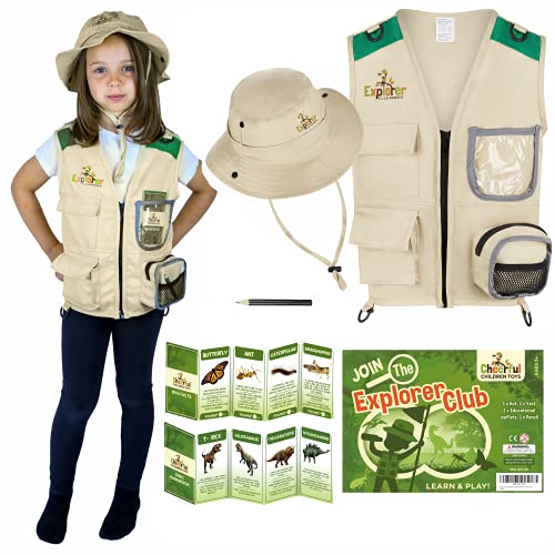 Cheerful Children Toys Kids Explorer Costume Kit including Safari Vest and hat plus Dinosaur and Bug Educational Handbooks. For Dress up, Outdoor Adventures and Role play. Suitable for 3-7 year olds.…