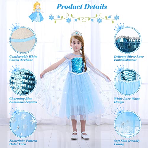 URAQT Elsa Dress, Elsa Costume with Princess Crown Magic Wand Accessories, Elsa Princess Costume Princess Dress Up for Girls, Fancy Dress for Halloween, Cosplay, Wedding Party (3-4 Years)
