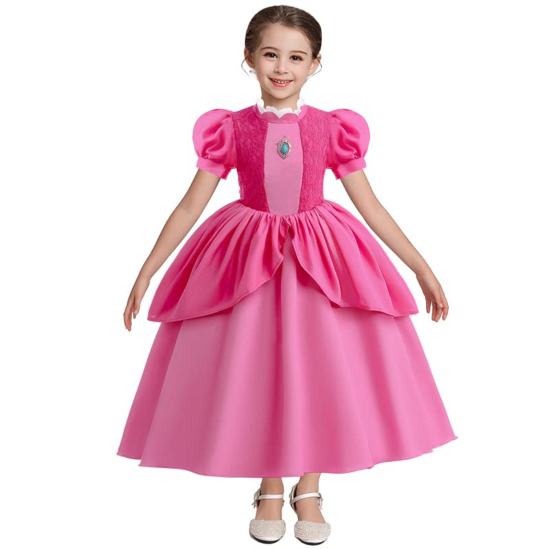 Tangsenyu Super Bros Princess Peach Costume Kids Girls Deluxe Lace Dress Up Outfit with Accessories