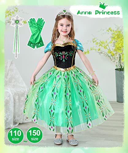 TOLOYE Kids Princess Costumes, Elas Anna Dress Up for Girls Dress Up for Girls with Crown Fairy Wand Necklace Elsa Dress Up Accessories Sets for Birthday Party Bridesmaid Cosplay Pageant (120)