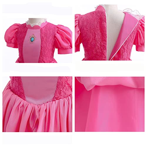 Tangsenyu Super Bros Princess Peach Costume Kids Girls Deluxe Lace Dress Up Outfit with Accessories