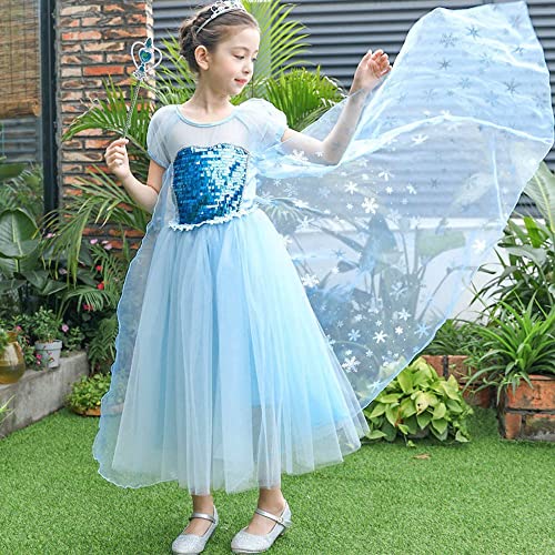 URAQT Elsa Dress, Elsa Costume with Princess Crown Magic Wand Accessories, Elsa Princess Costume Princess Dress Up for Girls, Fancy Dress for Halloween, Cosplay, Wedding Party (3-4 Years)