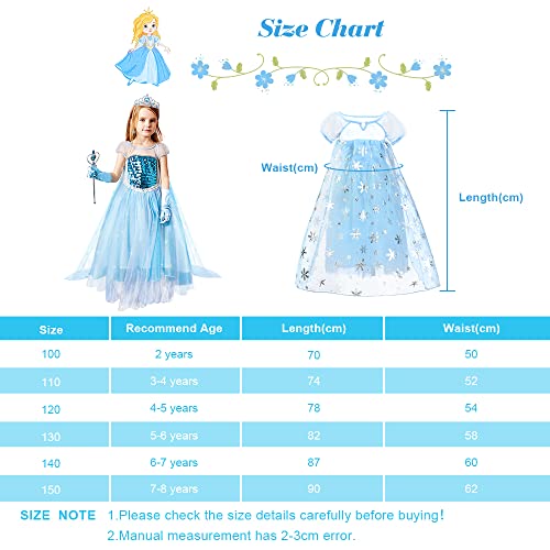 URAQT Elsa Dress, Elsa Costume with Princess Crown Magic Wand Accessories, Elsa Princess Costume Princess Dress Up for Girls, Fancy Dress for Halloween, Cosplay, Wedding Party (3-4 Years)