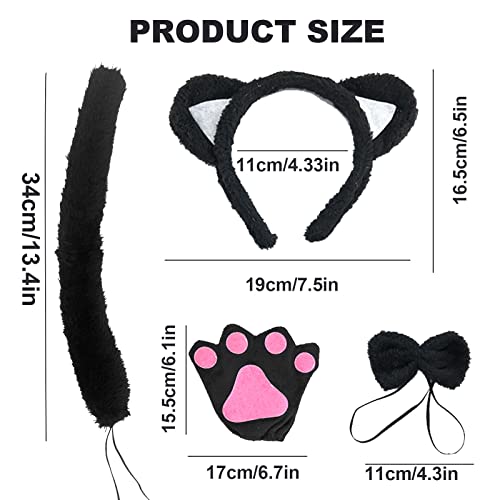 TSHAOUN 6 PCS Cat Costume Set Included Cat Ears Headband Bowtie Tail Cat Paw Gloves Black Tutu Animal Costume for Fancy Dress Up Cat Cosplay Halloween Birthday Carnival (Black)