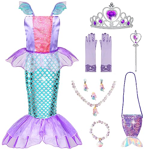 MELAND Mermaid Costume Kids, Princess Costumes for Girls Gift Aged 3-8, Little Mermaid Dress Up for Girls Halloween, Party