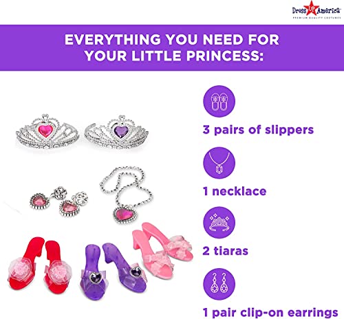 Dress Up America My Princess Dress Up Set for Kids - Set includes Crown for Girls, 3 Beautiful Shoe Pairs, Earrings, and Necklace - Glamorous Accessories - Little Girl and Toddler Role-Play Gift Set