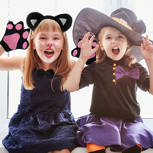 TSHAOUN 6 PCS Cat Costume Set Included Cat Ears Headband Bowtie Tail Cat Paw Gloves Black Tutu Animal Costume for Fancy Dress Up Cat Cosplay Halloween Birthday Carnival (Black)