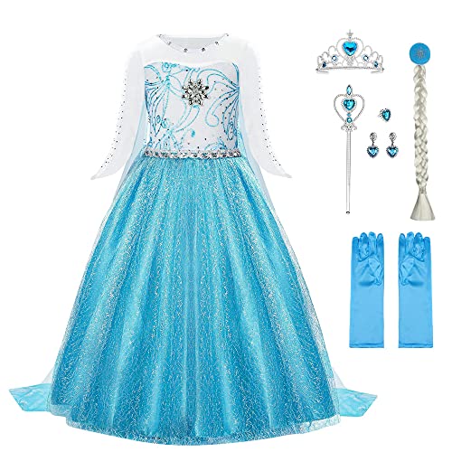 URAQT Elsa Dress, Elsa Princess Costume with Princess Crown Magic Wand Accessories, Princess Dress Up for Girls, Deluxe Shining Cloak Fancy Dress for Party, Cosplay, Bridesmaid (4-5 Years)