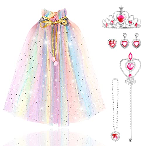 TOYESS 6Pcs Princess Costumes Dress Up for Girls, Princess Cape Set with Crown, Wand, Necklace, Ring and Earrings, Fancy Dress for Girls Birthday, Party, Halloween, Christmas Cosplay, Rainbow